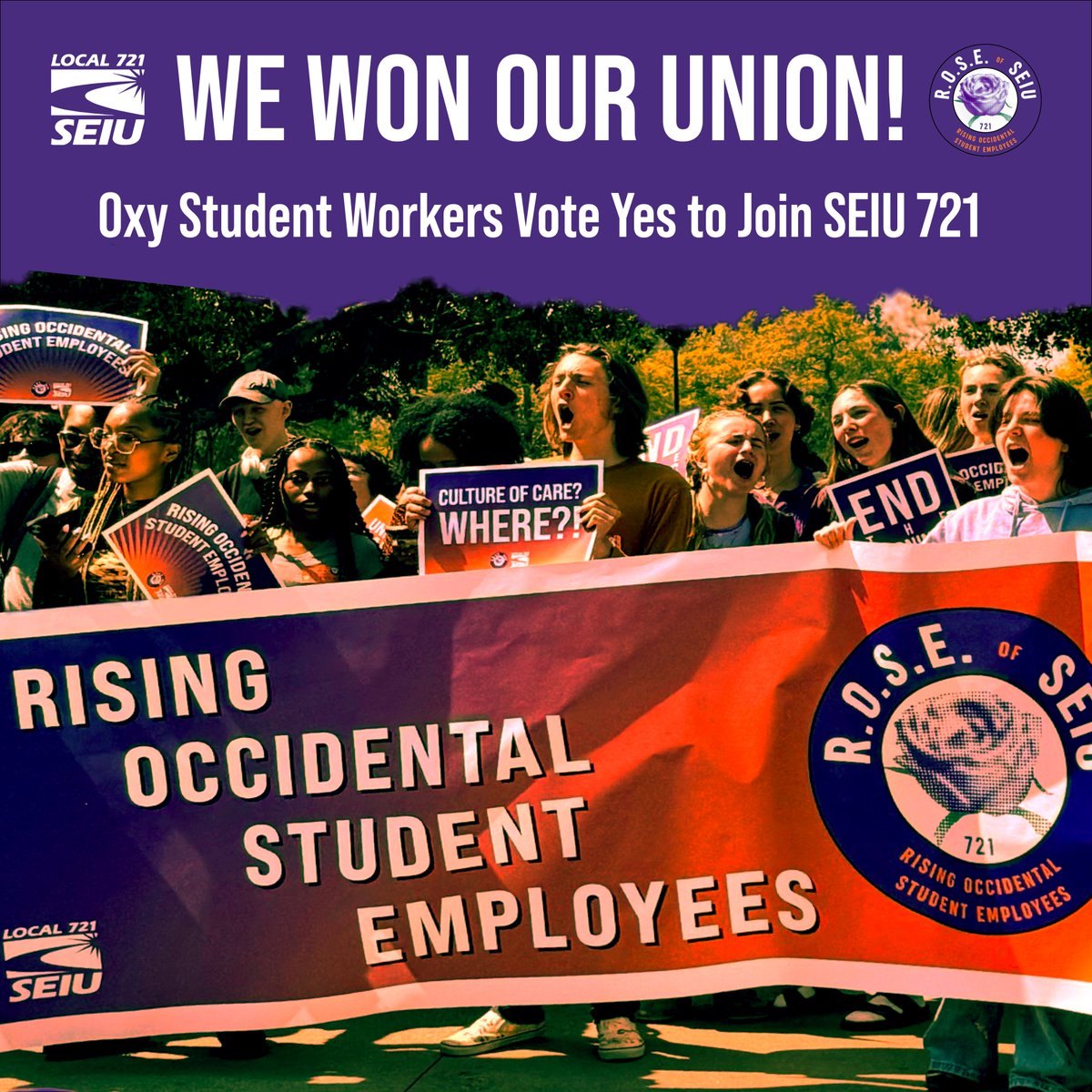 Breaking: Occidental College student workers voted overwhelmingly to join SEIU Local 721, according to a tally of votes today by the NLRB!

The victory caps a nearly year-long campaign dubbed Rising Occidental Student Employees (R.O.S.E.). We welcome them to our union family!
