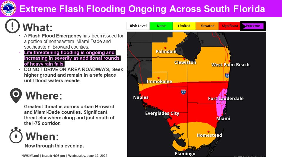 6/12 at 4:10pm: ***Life-threatening flooding*** is now occurring with numerous non-stop reports coming in.

A Flash Flood Emergency remains in effect until 5:30pm. We are now up to SIX Flash Flood Warnings across South Florida. 

SEEK HIGHER GROUND, GET OFF THE ROADS.