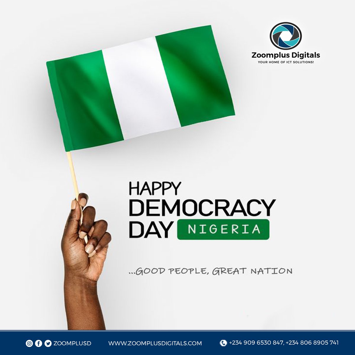 zoomplusd1's tweet photo. We are Nigeria with A strong sense of resilience. The ability to adapt anywhere in the world. A rich cultural heritage.

#HappyDemocracyDay #zoomplusdigital #Zoomplus #Ict #Branding #websitedesign #ManagementSoftware #Software #Tech #graphicdesign https://t.co/twK7RqZ7BU