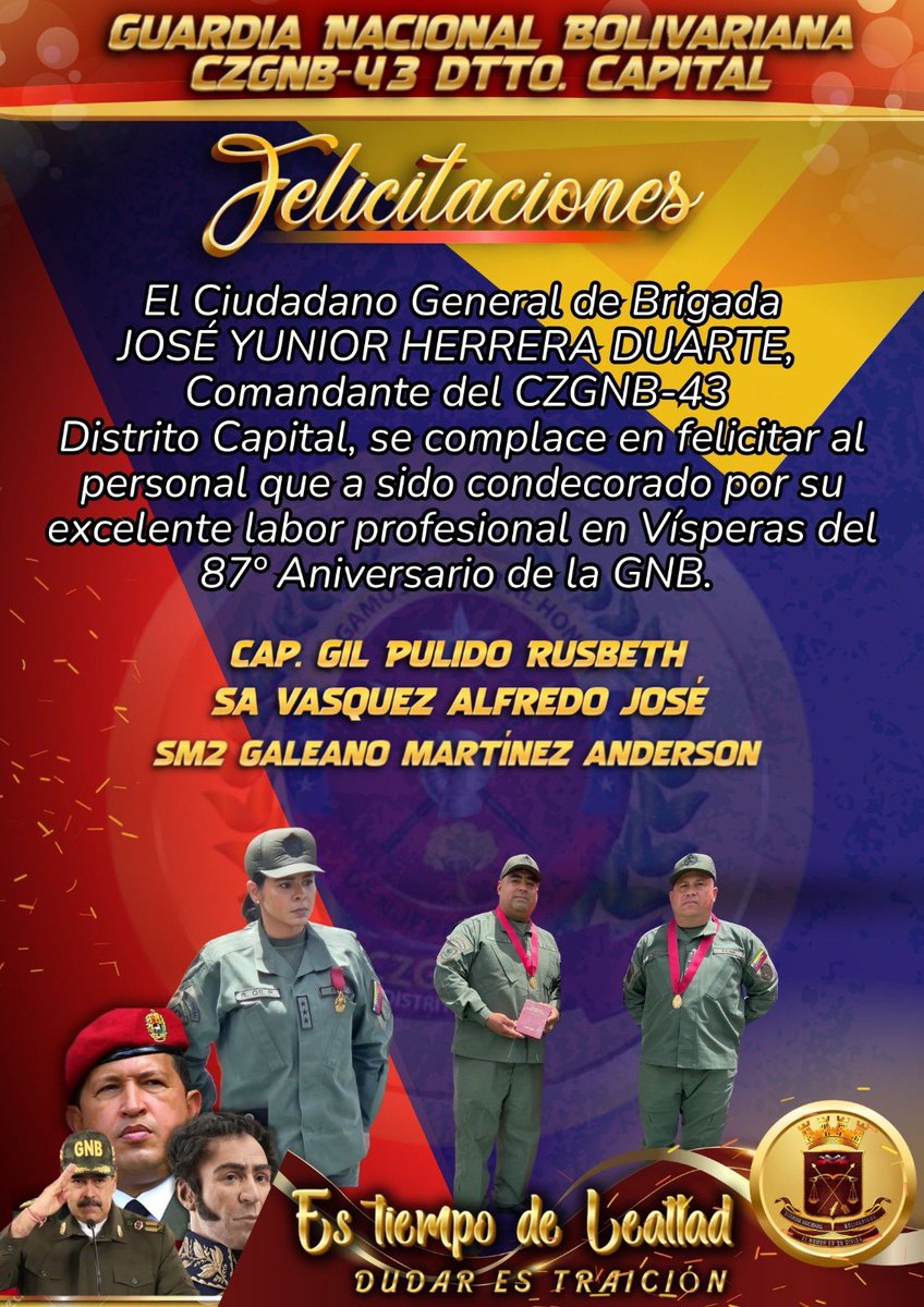 Felicitaciones a los efectivos adscritos al CZGNB-43 Dtto Capital, quienes fueron condecorados por su loable labor, Gracias por ser hombres y mujeres que día con día, enaltecen a nuestra Guardia Nacional Bolivariana.