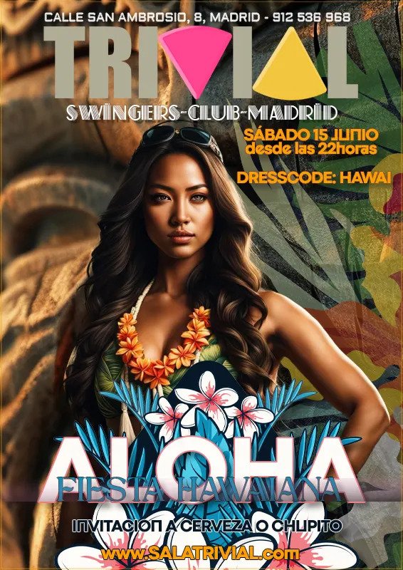 SalaTrivialMadr's tweet photo. El sábado 15/6 tenéis una gran fiesta Hawaiana. 
Chupitos y cervezas gratis para los que cumplan el dreescode. 
Todos los fines de semana nos visitan una gran cantidad de parejas con muchas fantasías en su cabeza 
Ven a compartir la fiesta 
Baile, copas y sexo.  🍻 https://t.co/5ACeUHlOri