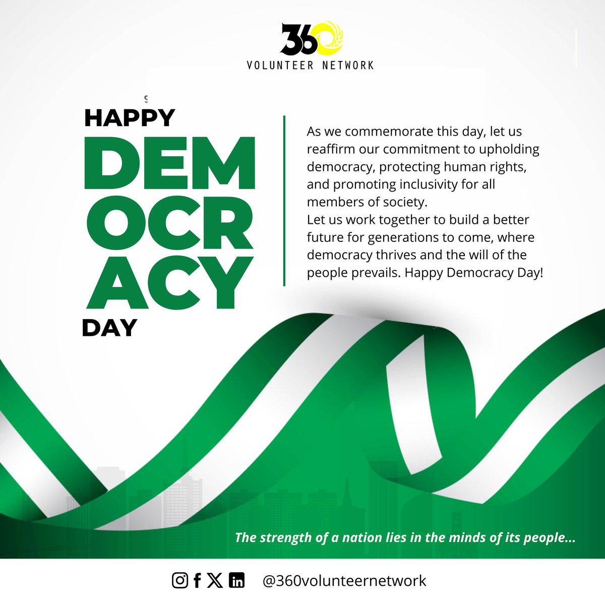 360volunteer's tweet photo. As proud Nigerians, today we reflect on our journey towards a more renewed and better Nigeria.
Together, we can achieve great things.
Happy Democracy Day, Nigeria! 🇳🇬 
#DemocracyDay 
#UnityInDiversity
#360volunteernetwork https://t.co/AMYlDN0ENJ