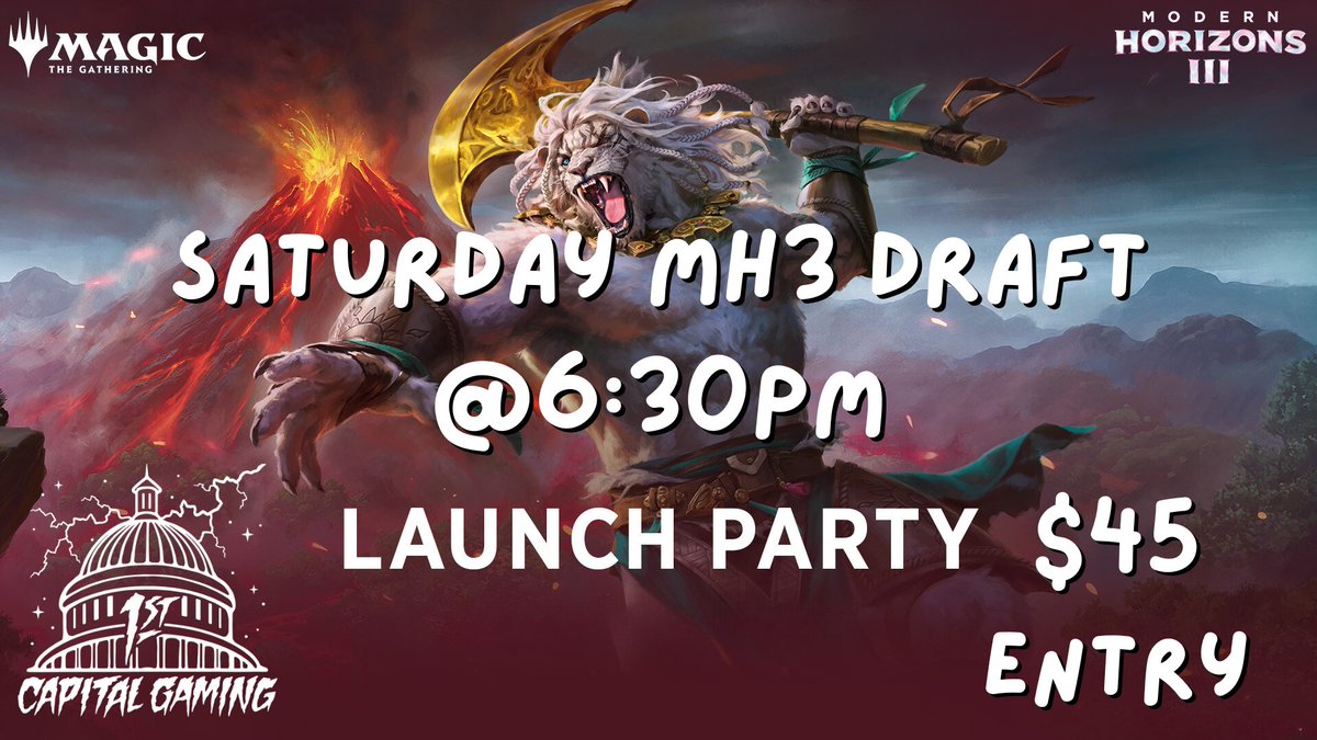 Don't miss out on our MH3 launch party this Saturday June 15, 2024 at 6:30PM.
3 Wins = 6 Play Booster Packs of MH3 
2 Wins = 4 Play Booster Packs of MH3 
0/1 Win = 2 Play Booster Packs of MH3