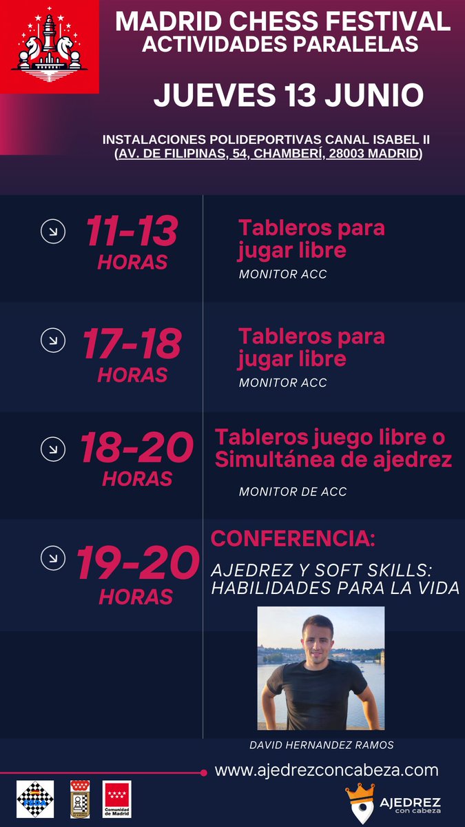 AJEDREZCABEZA's tweet photo. 🥳TE dejo la Programación de las Actividades Paralelas #MadridChessFestival !!
🌟 Mañana nos acompañará David Hernández Ramos @daherra quien nos hablará sobre los BENEFICIOS QUE TIENE EL JUGAR AL AJEDREZ para nuestro día a día!! 

💙¿Nos acompañas un día más?

#ajedrez https://t.co/6f55FQj3Xt