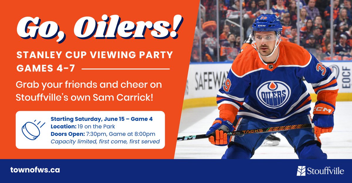Join us at 19 on the Park for the Stanley Cup Viewing Party and cheer on Stouffville’s own Sam Carrick!
📅 First Viewing Party: 
• Game 4, Sat, June 15
⏰ Doors Open: 7:30 PM
🏒 Game Time: 8:00 PM
Space is limited, first come, first serve. Cash bar &amp; concessions available.