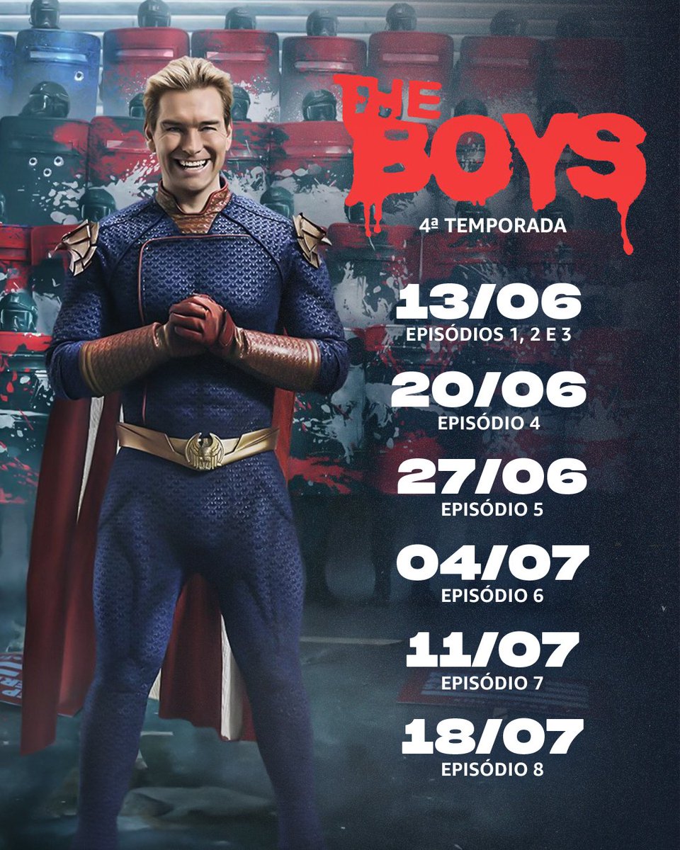 Boxreport's tweet photo. Datas oficiais dos 8 episódios da 4° temporada de 'The Boys'.

Estreia amanhã na Prime Vídeo. https://t.co/dB9IZad90M