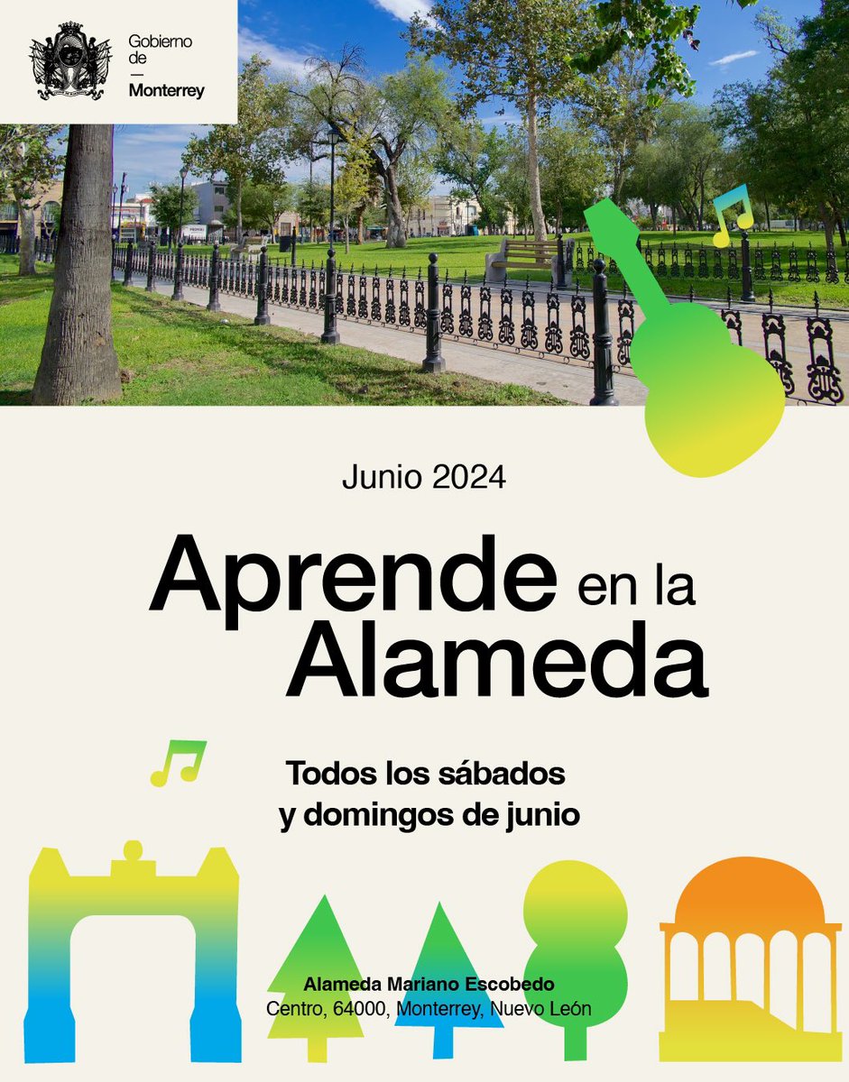 mtygob's tweet photo. ¡Aprende algo nuevo al aire libre! 🌳🤩

Tenemos talleres, actividades, presentaciones de danza, música, teatro y fotografía para ti y tu familia. 💃🏻🎶🎭📸 

 🗓 Todos los sábados y domingo de junio 
📍Alameda Mariano Escobedo

¡Te esperamos! 🤟🏼💖 https://t.co/zboTNo2eSO