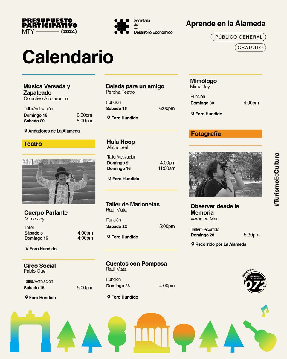 ¡Aprende algo nuevo al aire libre! 🌳🤩

Tenemos talleres, actividades, presentaciones de danza, música, teatro y fotografía para ti y tu familia. 💃🏻🎶🎭📸 

 🗓 Todos los sábados y domingo de junio 
📍Alameda Mariano Escobedo

¡Te esperamos! 🤟🏼💖