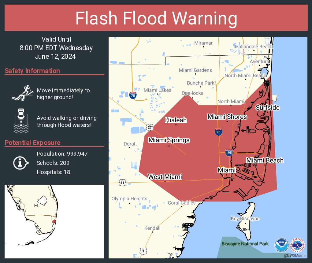 NWSMiami's tweet photo. Flash Flood Warning continues for Miami FL, Hialeah FL and  Miami Beach FL until 8:00 PM EDT https://t.co/qxNcL72BEl