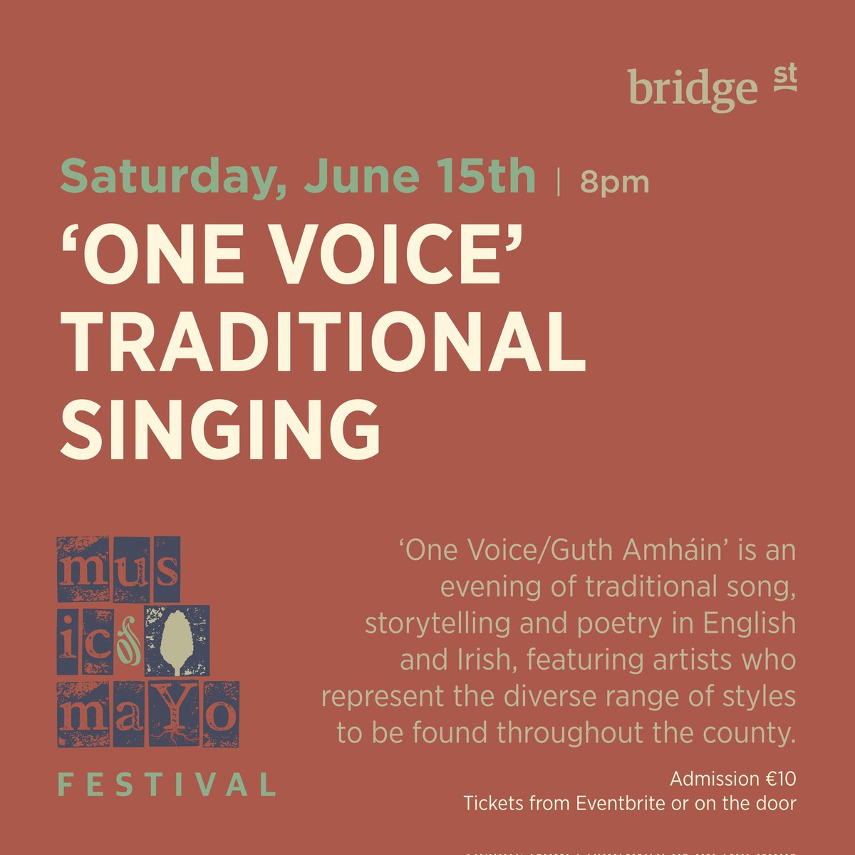 Please Share! ONE VOICE FEATURING SÍLE UÍ MHONGÁIN, JOHN HOBAN, MICHAEL O'GRADY, TONY REIDY, ISABELA BOSOMBRIO, ASTRID NÍ MHONGÁIN, FIONA DOWLING, DAN O'DONOGHUE, CAROLYN MITCHELL, JOHN O'TOOLE
<a href="/bridgestreetbar/">bridge st</a> Saturday, June 15th, 8pm musicofmayofestival2024.eventbrite.com
Bígí Linn!