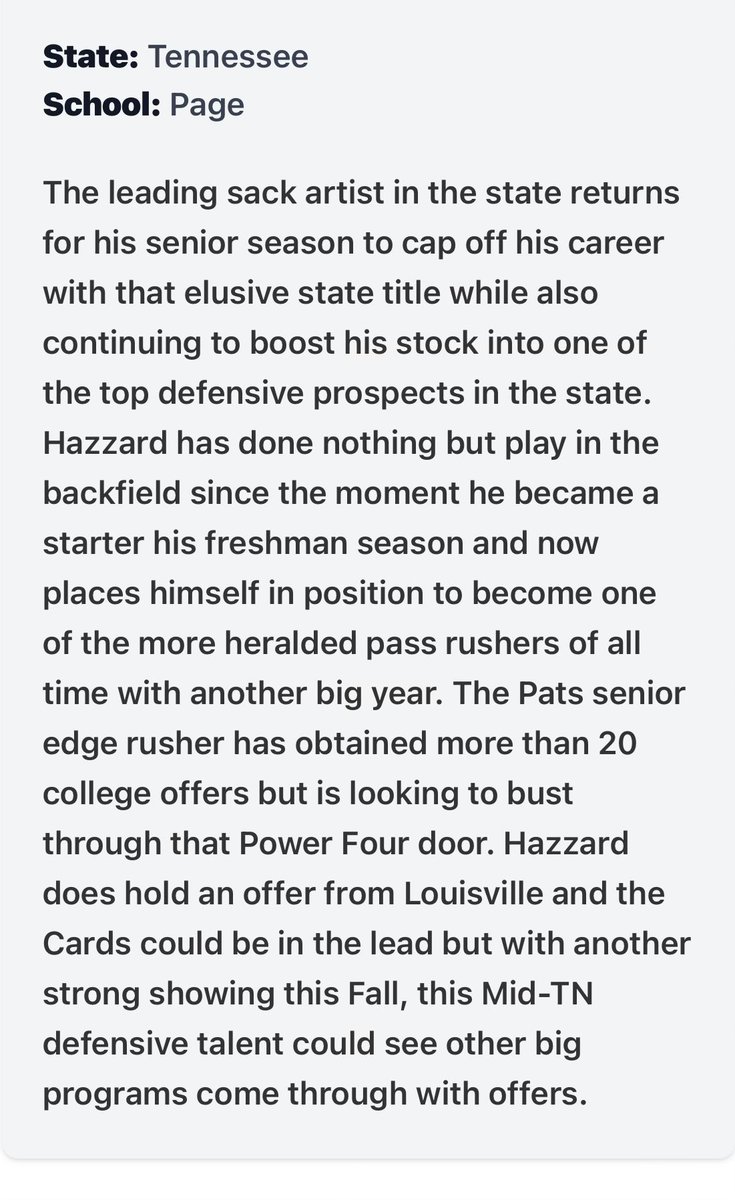 Eric Hazzard (@erichazzard40) on Twitter photo Beyond grateful for the write up and the ability to show off what I do best!!
<a href="/PrepRedzoneTN/">Prep Redzone Tennessee</a> <a href="/CSmithScout/">Chris Smith</a> @duneganjace <a href="/PrepRedzone/">Prep Redzone 🏈</a>
<a href="/wcsPHScr/">Charles Rathbone</a> <a href="/BielBryce/">Bryce Biel</a> <a href="/pagefootball/">Page Patriots Football</a> Beyond grateful for the write up and the ability to show off what I do best!!
<a href="/PrepRedzoneTN/">Prep Redzone Tennessee</a> <a href="/CSmithScout/">Chris Smith</a> @duneganjace <a href="/PrepRedzone/">Prep Redzone 🏈</a>
<a href="/wcsPHScr/">Charles Rathbone</a> <a href="/BielBryce/">Bryce Biel</a> <a href="/pagefootball/">Page Patriots Football</a>