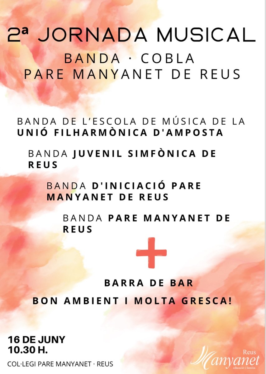 Manyanet_Reus's tweet image. La Banda del Col·legi Pare Manyanet us convida al concert de la  trobada de Bandes que es celebra el diumenge dia 16 a  partir de les 10.30h 

#josocmanyanet #juntsiambesperança #escolesmanyanet #familiamanyanet