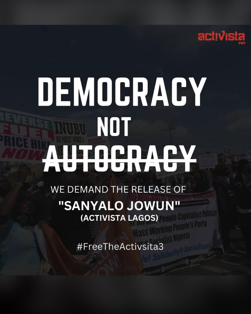 We demand the immediate release of Juwon Sanyalo.

This is a democracy, not an autocracy.

<a href="/officialABAT/">Bola Ahmed Tinubu</a> 
<a href="/OfficialDSSNG/">Department of State Services (DSS)</a> 
<a href="/NigerianPolice/">NPF</a> 
<a href="/PoliceNG/">Nigeria Police Force</a> 

#freejuwon