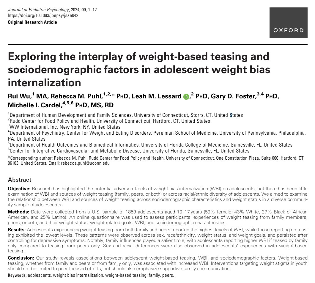 MichelleCardel's tweet photo. Our new paper evaluating the interplay of weight based teasing and sociodemographic factors in adolescent weight bias internalization (WBI) has been published. 

Summary: Teens experiencing weight teasing from both family & peers reported highest levels of WBI, those reporting no teasing exhibited the lowest levels

Patterns observed across sex, race/ethnicity, weight status, ect.

Family influences played a salient role, with teens reporting higher WBI if teased by family only compared to teasing from peers only.

Bottom line: Don't tease your kids about their weight. It's not funny or playful or cool. 

Link to pub: https://t.co/huKITQsbhp