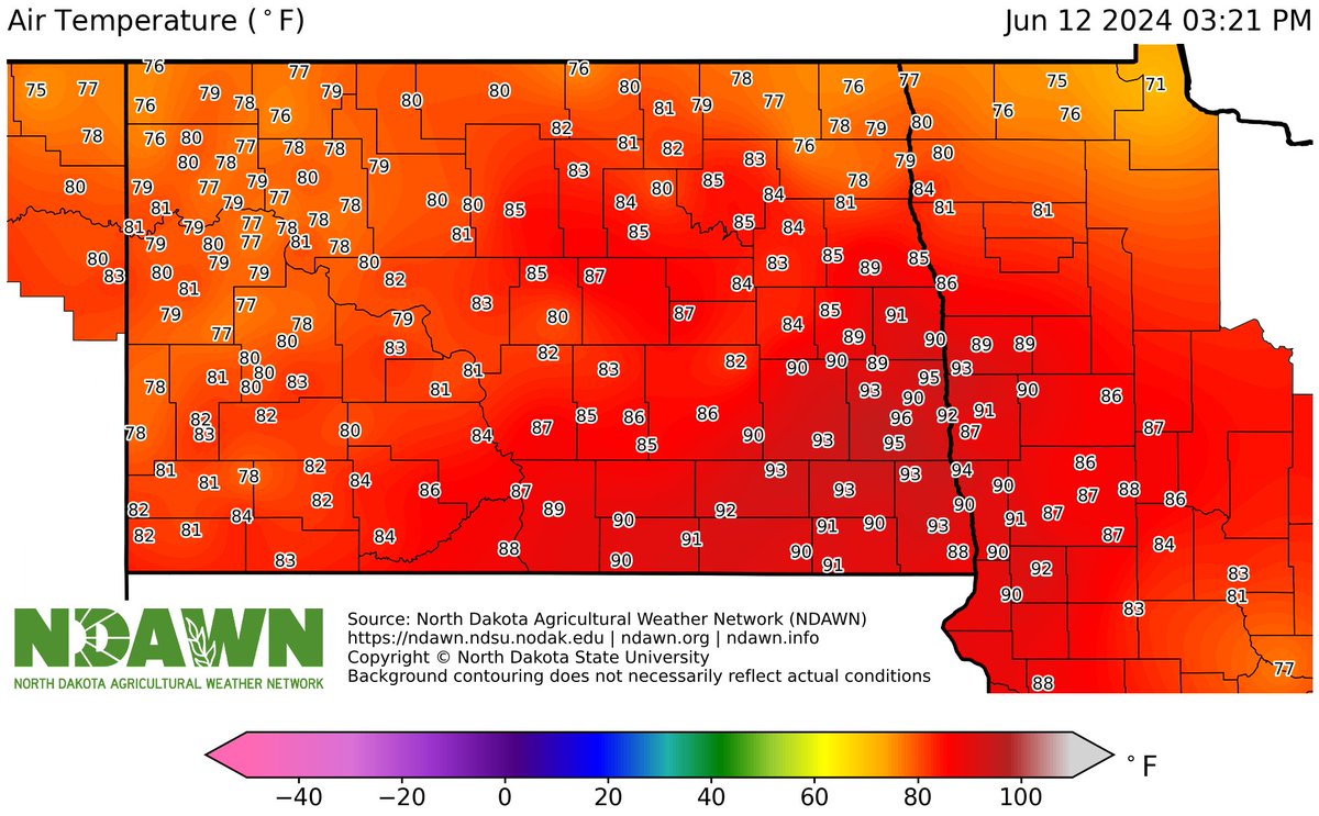 DarylRitchison's tweet photo. First 90s of the season.  Some NDAWN stations near black soil reaching mid 90s.  #ndwx #mnwx https://t.co/YKPu5yLPCx