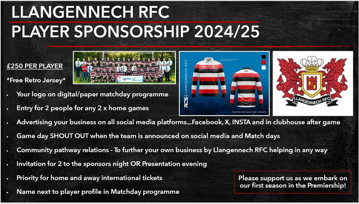 🏉PLAYER SPONSORSHIP🏉

Player sponsorship for businesses or individuals are available as we head into this coming season in the WRU Premiership!

To find out more please contact via your chosen player, DM or email Llangennechrfcsponsorship@gmail.com 

#BoisYLlan
⚫️🔴⚪️