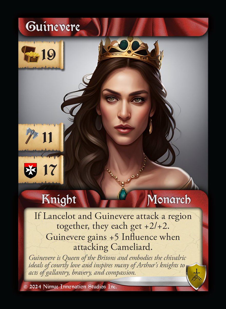 It's Day 13 of our #CountdownToOrigins! And here comes the QUEEN! Guinevere is in the house. She is married to Arthur, rumored to be in love with Lancelot, and inspires the knights in Camelot to be better people and embody chivalric ideals.
#RoundTable #indiegame #tradingcardgame