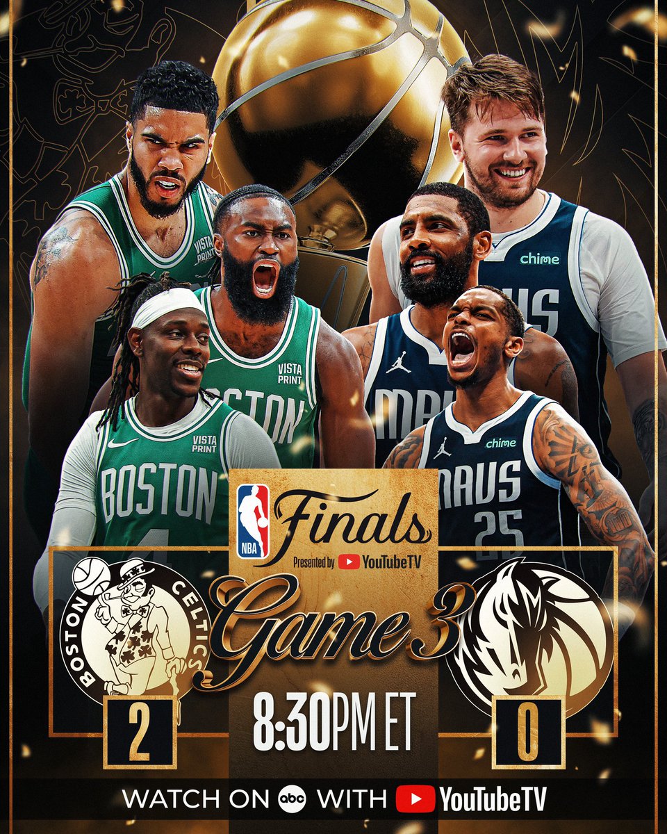 NBA (@nba) on Twitter photo Big time defensive plays and Jrue Holiday's 26 PTS fueled Boston’s Game 2 W.
With the series shifting to Dallas, the Mavericks look to protect home court while the Celtics seek a 3-0 lead.
The #NBAFinals presented by <a href="/YouTubeTV/">YouTube TV</a> continue tonight with Game 3 at 8:30pm/et on ABC. Big time defensive plays and Jrue Holiday's 26 PTS fueled Boston’s Game 2 W.
With the series shifting to Dallas, the Mavericks look to protect home court while the Celtics seek a 3-0 lead.
The #NBAFinals presented by <a href="/YouTubeTV/">YouTube TV</a> continue tonight with Game 3 at 8:30pm/et on ABC.