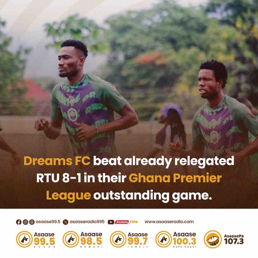 asaaseradio995's tweet photo. Dreams FC beat already relegated RTU 8-1 in their Ghana Premier League outstanding game.

#AsaaseSports https://t.co/mKs2fHBLSm