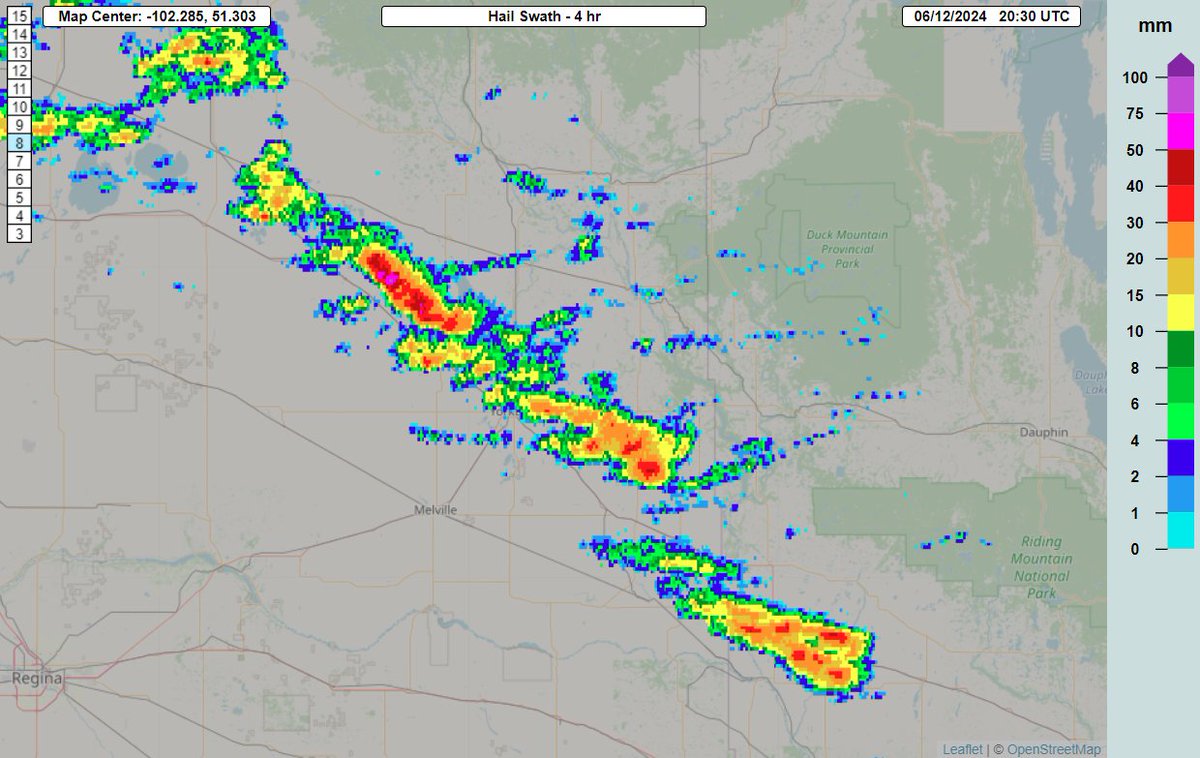 Seeking Hail Reports #SKstorm #MBstorm: Storms are ongoing in SE SK,SW MB, potentially producing very large hail (see MRMS hail swath below). Tennis to baseball hail may have already occurred between Sheho and Good Spirit Lake, SK.

Let us know if you see or hear anything!