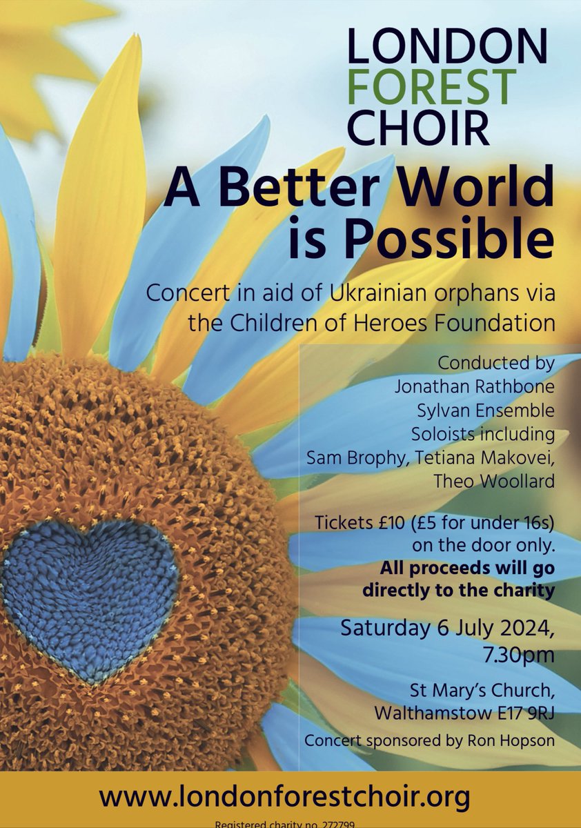 Another opportunity to hear A Better World is Possible with music composed by <a href="/jlrathbone/">Jonathan Rathbone</a> and words by <a href="/eithne_cullen/">Eithne Cullen</a> 
All proceeds will go directly to the charity Children of Heroes Foundation. 6th July <a href="/StMarysE17/">St Mary's Walthamstow</a>