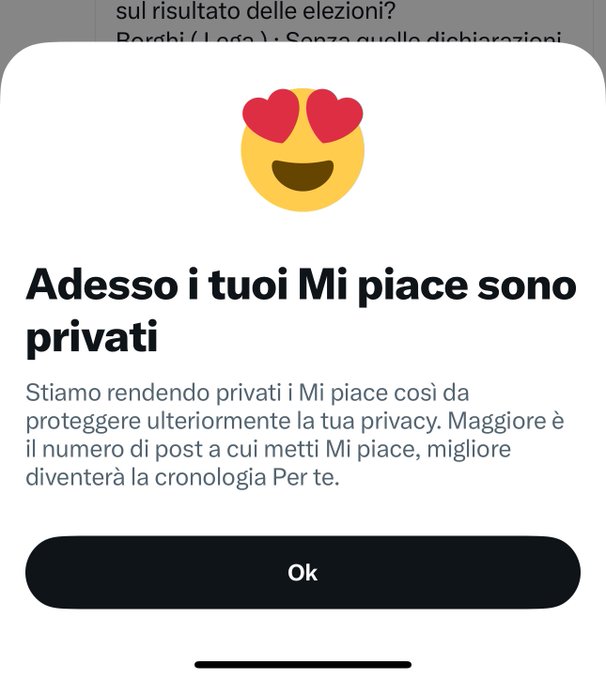 X nasconde i like dei post, pare per privacy.  E i repost? La privacy dei repost non conta?  Che cazzata<a href="/tag/obbligofedeltaisraele"class="tags"><span>#obbligofedeltaisraele</span></a>