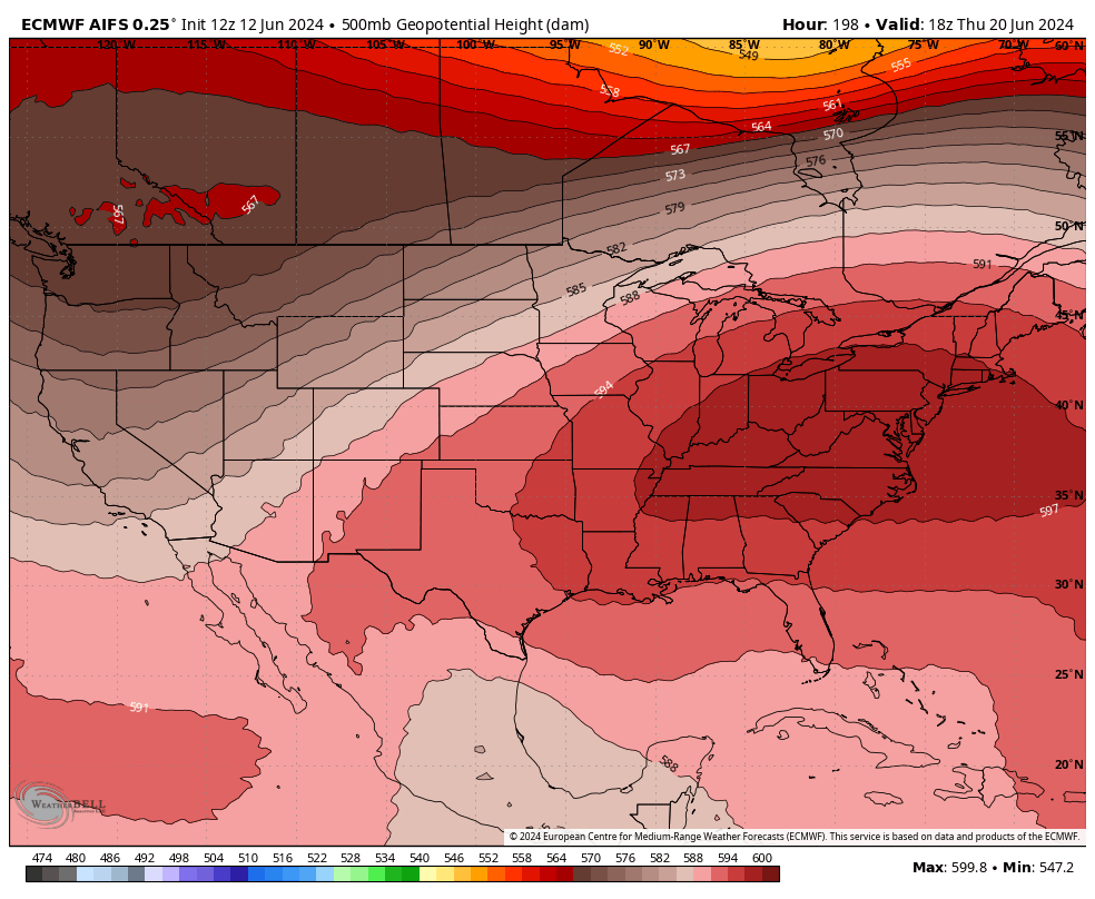 MassachusettsWx's tweet photo. AIFS is only .2dm away from 600dm ridge. We'd certainly be looking at record high 500dm ridge near the area if AIFS, GFS-like ridge were to happen, very impressive stuff. https://t.co/KVpMYsckzU
