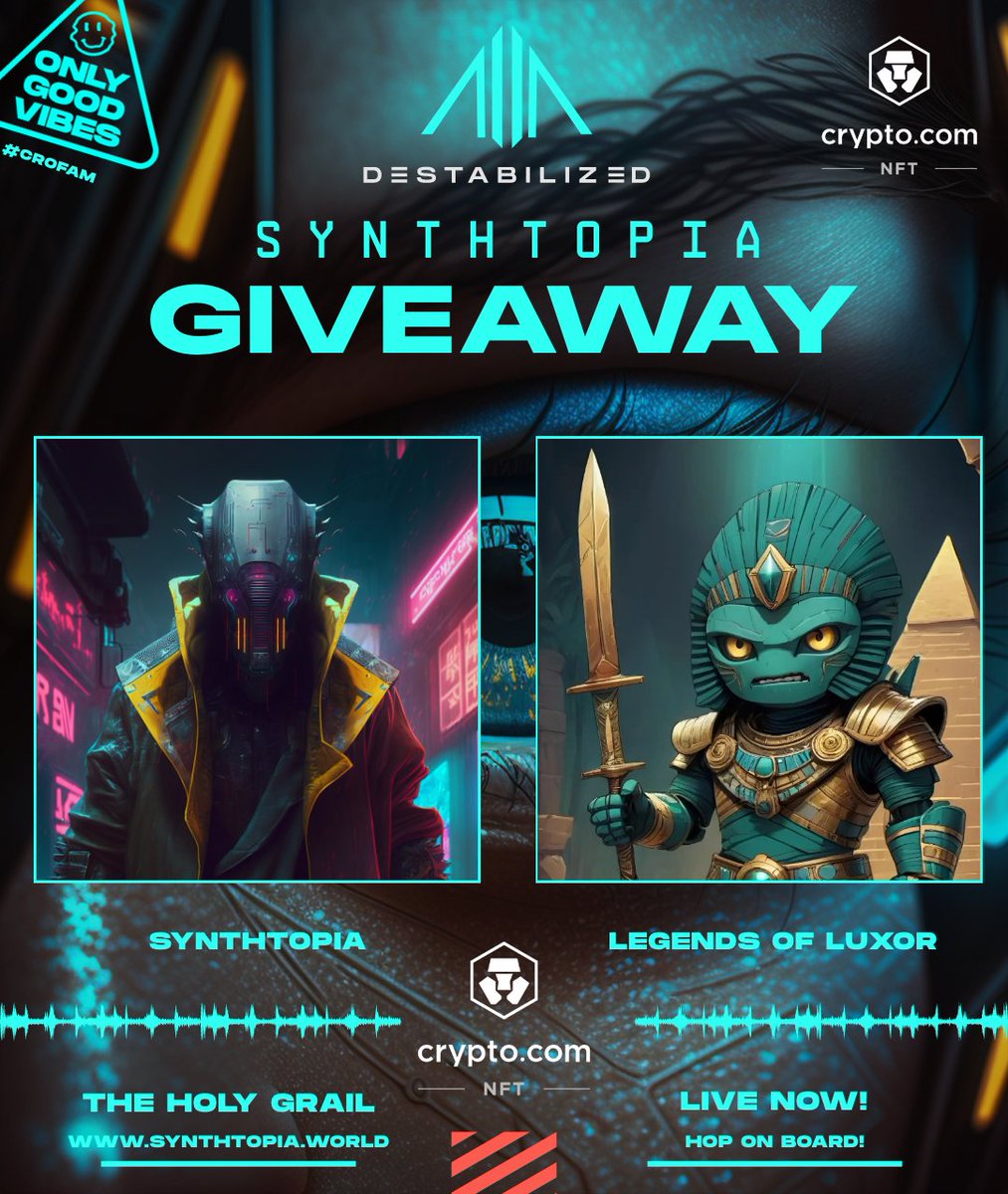 synthtopiaworld's tweet photo. 🎁 #SYNTHTOPIA X LEGENDS OF LUXOR GIVEAWAY 🎁

🏆  Prizes:
🏅 1x SYNTHTOPIA 1/1 NFTs
🏅 4x Legends of Luxor NFTs

Here's how to enter 💥
1️⃣ Follow: @d3stab1lized x @NFT_GER_Sascha
2️⃣ Like ❤️ | RT 🔄 | Tag 5 #crofam 
3️⃣ Join our Discords:
https://t.co/SSxjt7rvsX
https://t.co/LiBA247aag
4️⃣ For double entries (optional):
Comment with your favorite SYNTHTOPIA or Legends of Luxor NFT art + your short story! 

⏰ Ends: June 19th, 11:59 PM EST | GL!

🚨 Over $1M has been traded across the SYNTHTOPIA collection on @cryptocomnft by Trailblazers, and it's growing fast. Join the community; reap exclusive rewards; be a Trailblazer 👇

https://t.co/2nr5Yd5la0

https://t.co/IuSbbOHx8Y

🔮 Welcome to the future.
🛡 Welcome to SYNTHTOPIA
