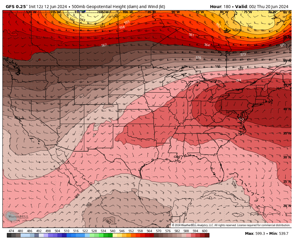 MassachusettsWx's tweet photo. AIFS is only .2dm away from 600dm ridge. We'd certainly be looking at record high 500dm ridge near the area if AIFS, GFS-like ridge were to happen, very impressive stuff. https://t.co/KVpMYsckzU