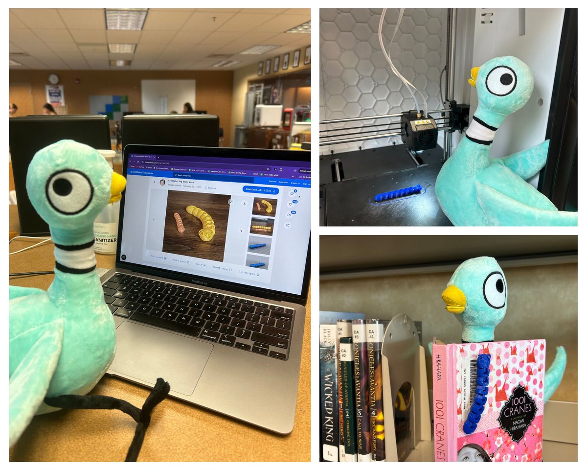 codepted's tweet photo. .@The_Pigeon wanted to learn about 3D printing, so we went to the library at Mesa Middle School in @dcsdk12. With help (and some wing-holding) from librarian Joy Yehle, the Pigeon designed and printed a worm! 

The Pigeon was disappointed to learn that it is not the edible kind. https://t.co/uCDs59Btef