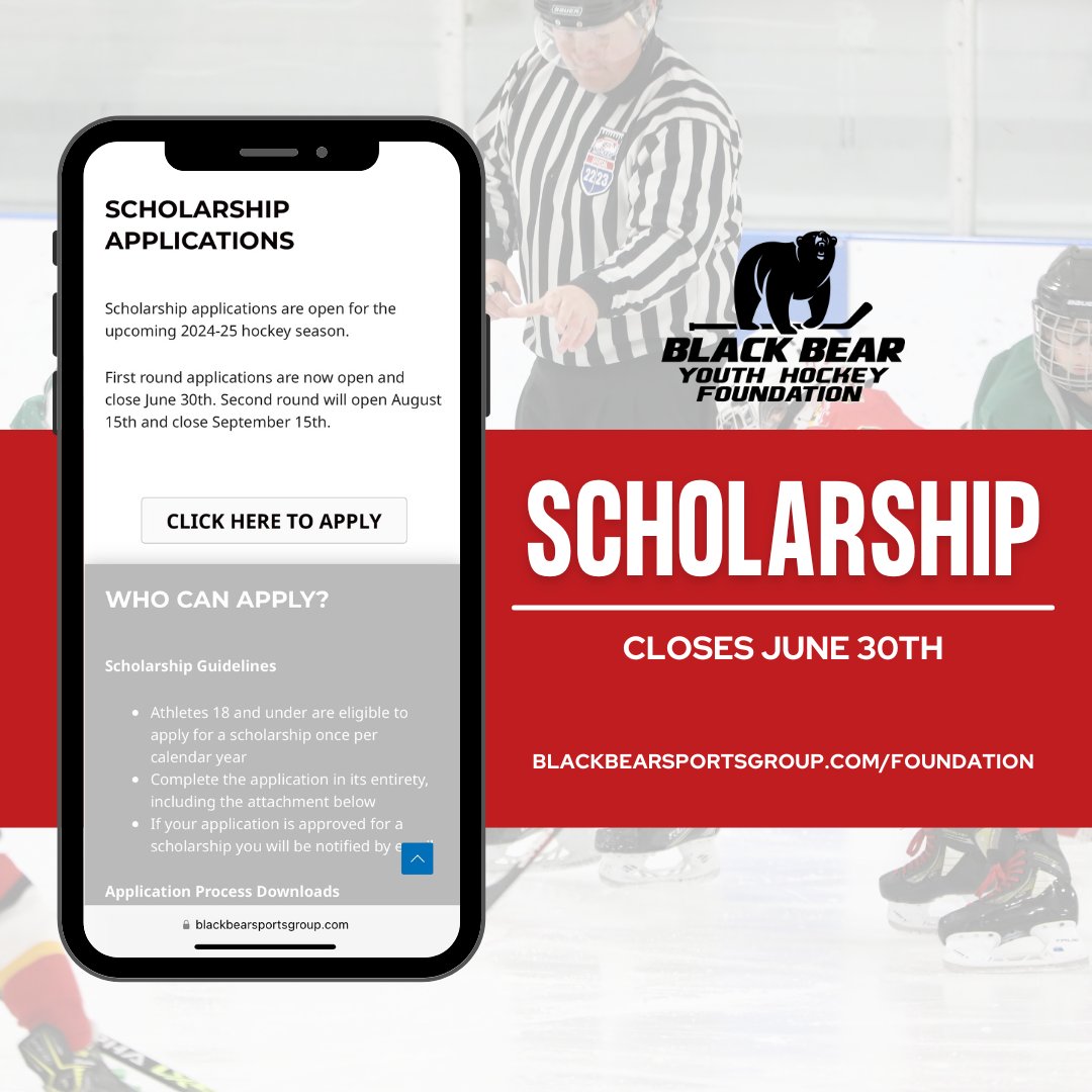 The Black Bear Youth Hockey Foundation is now accepting scholarship applications for the upcoming 2024-25 season. Know someone who needs financial assistance? Encourage them to apply today!

blackbearsportsgroup.com/foundation/