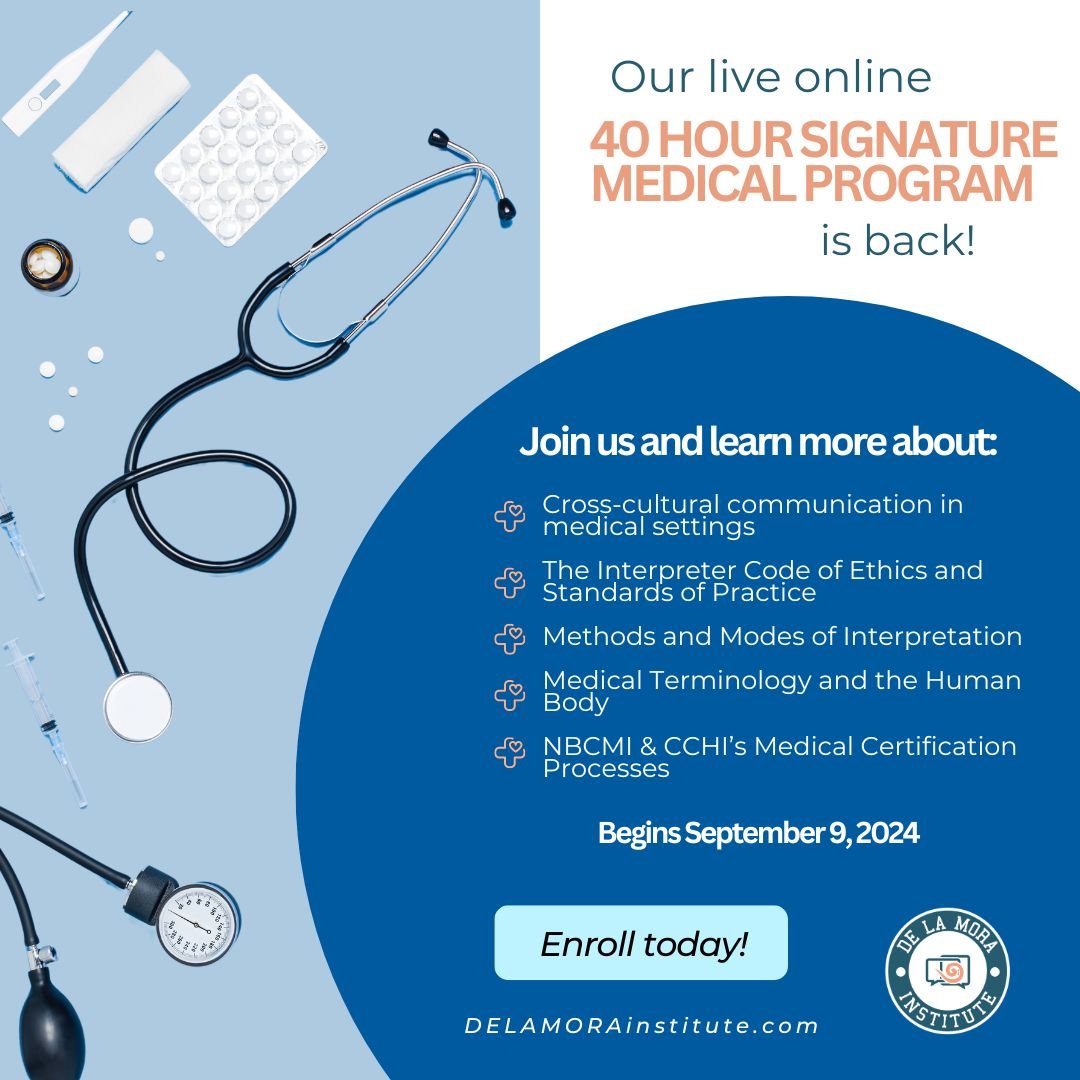 Our Signature Medical Program is now open for enrollment! ⚕️ Sign up today and receive the live, interactive experience needed to excel in the medical interpreting field. Link in bio!

#MedicalInterpreter #HealthCareInterpreter #CHI #CMI #InterpreterTraining #BilingualCareers