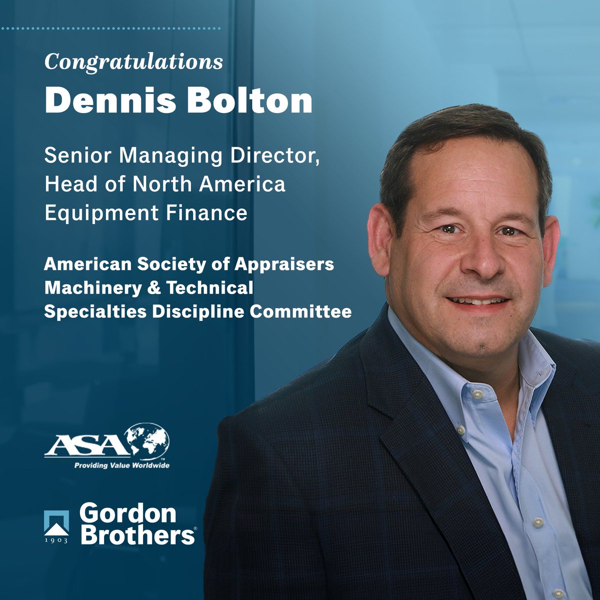 We’d like to congratulate Dennis A. Bolton II, ASA, Senior Managing Director, Head of North America Equipment Finance, who was re-elected to the American Society of Appraisers’ Machinery &amp; Technical Specialties Discipline Committee. Learn more: hubs.li/Q02BC87F0