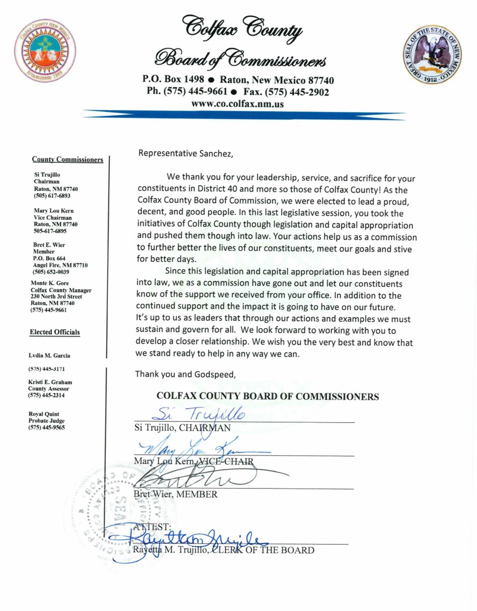 Thank you to the Colfax County Commission for their acknowledgment!