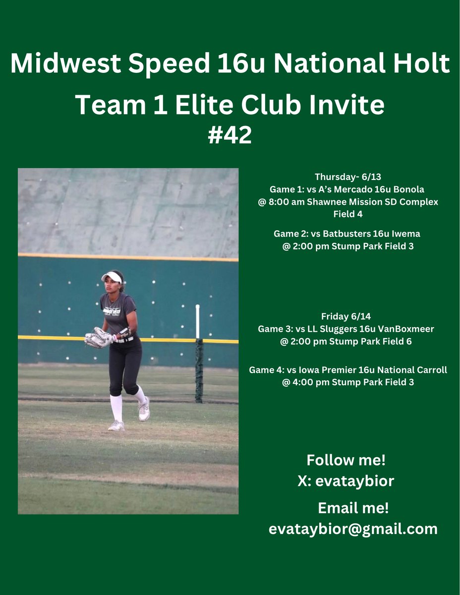 Come check me out at the Team 1 Elite Club Invite in Shawnee Kansas! <a href="/CoastRecruits/">Coast 2 Coast Recruits</a> <a href="/ScoutUrecruit/">ScoutU college recruiting</a> <a href="/FastpitchAthRec/">Fastpitch Athlete Recruits</a> <a href="/ncsa/">NCSA College Recruiting</a> <a href="/SBRRetweets/">Softball Recruiting Reposts</a> <a href="/SoftballDown/">Down South Softball</a> <a href="/Softball_Home/">Softball Home🥎</a> <a href="/rsmidwest/">RISE Softball-Midwest</a> <a href="/MSPtakeover/">Minority Softball Prospects</a> @THolt0184 <a href="/MIDWESTSPEEDSC/">Sean Hall</a>