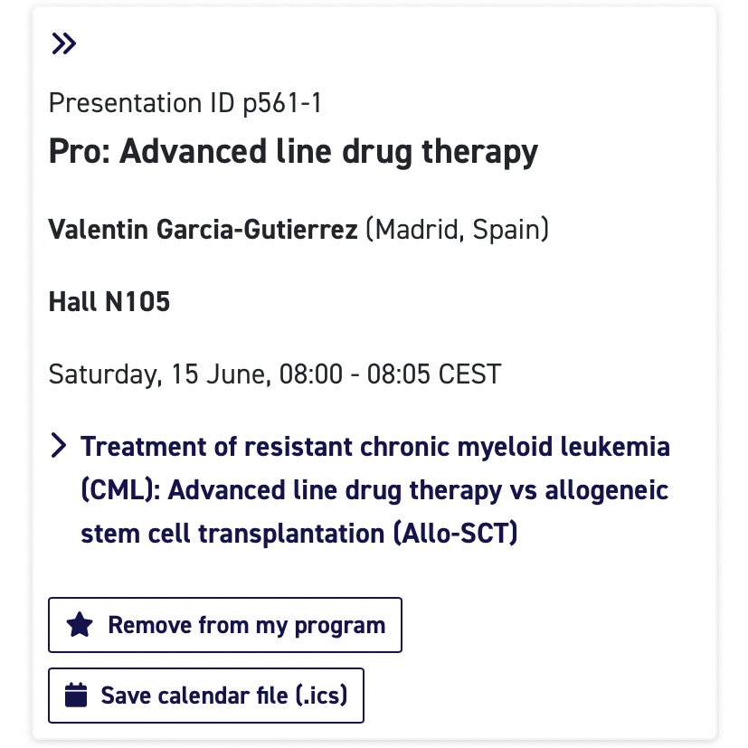 Fernando Martín Moro (@fer_martinmoro) on Twitter photo Can’t wait to attend the resistant CML session at #EHA2024. My friend and colleague <a href="/jvalentingg/">Valentin Garcia</a> will defend drug therapy against allo-SCT 🥊
Don’t miss it! (on Saturday at 8 am, Hall N105) <a href="/HematoRYC/">Hematología y Hemoterapia RYC</a> Can’t wait to attend the resistant CML session at #EHA2024. My friend and colleague <a href="/jvalentingg/">Valentin Garcia</a> will defend drug therapy against allo-SCT 🥊
Don’t miss it! (on Saturday at 8 am, Hall N105) <a href="/HematoRYC/">Hematología y Hemoterapia RYC</a>