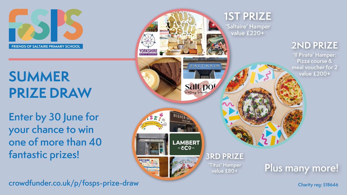 📢Thanks to the generosity of businesses &amp; creatives in #Saltaire we've created our first online PRIZE DRAW raising funds to enrich pupils learning experience at <a href="/spsprimary/">Saltaire Primary</a> 

Over 40 fabulous prizes are up for grabs! Enter by 30 June for a chance to win 🤩crowdfunder.co.uk/p/fosps-prize-…