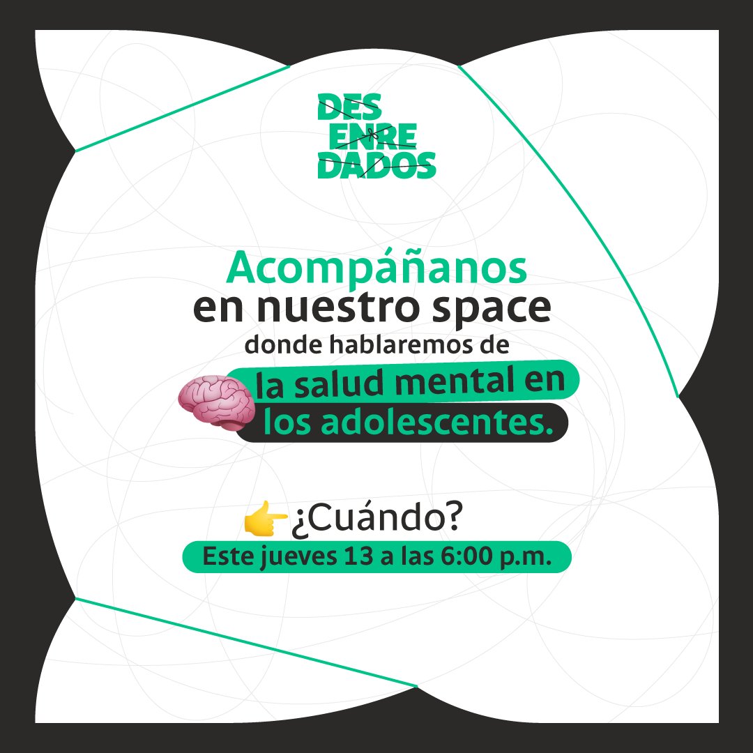 A través de <a href="/Aulasenpaz/">Aulas en Paz®</a> la psicóloga Lina Saldarriaga nos hablará sobre el bienestar de los jóvenes y cómo apoyarlos en el manejo de las emociones.

La salud mental es amor propio y colectivo. 🫂 ¡Únete a nuestro Space! #Desenredados 

x.com/i/spaces/1OyJA…