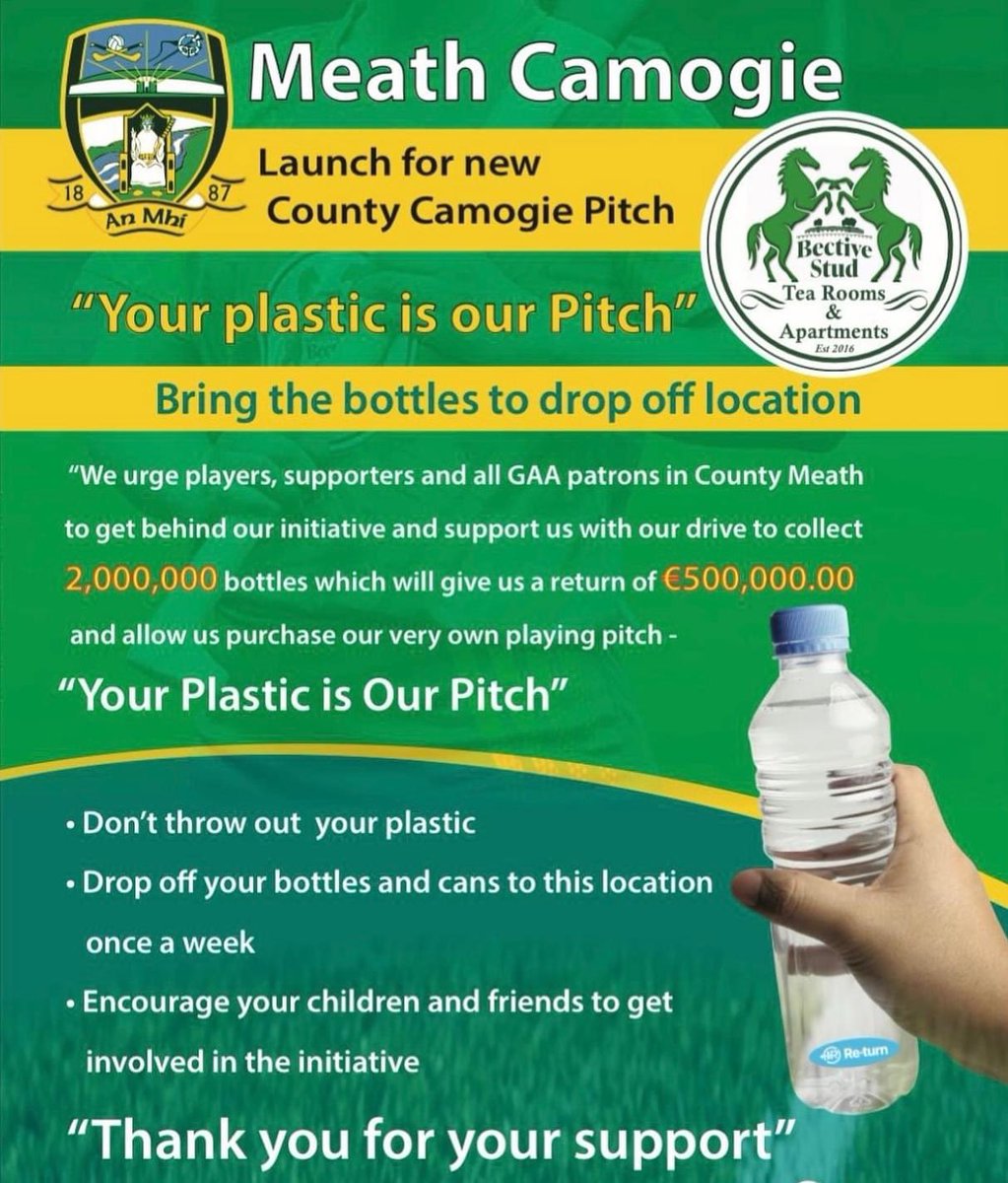MeathGAA's tweet photo. .@OffMeathCamog &amp; @BectiveStud have a novel fundraiser from which they hope to raise €500,000 to provide Meath Camogie with a playing pitch of their own.

Noel &amp; Valerie Moran of Bective Stud are thrilled to be backing this fundraiser &amp; we wish them every success.

#MeathGAA https://t.co/hMRx5An4Kr