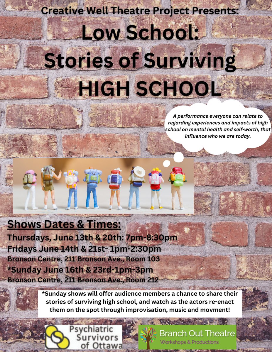TOMORROW!! The first performance of the The Creative Well Theatre Project for this year is taking place at The Bronson Centre at 7 pm! Join us for LOW SCHOOL: Stories of Surviving High School. We hope to see you there!!