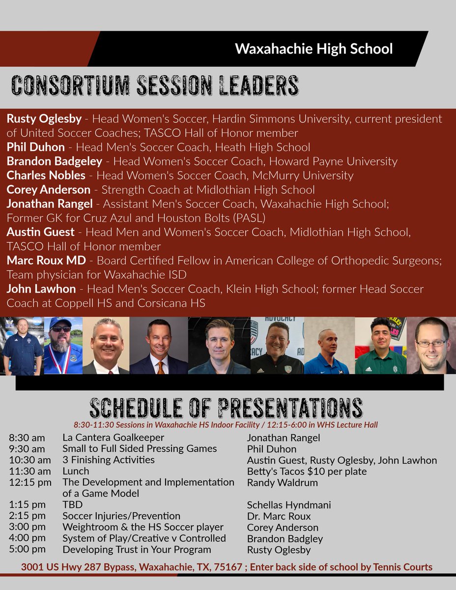 coach_venable's tweet photo. Here is the full agenda for the June 21 Coaches Consortium at Waxahachie High School. Sign up on this Google Form:

https://t.co/oBOpTASdzD

@tascosoccer  @uiltexas  @WaxSun  @hachiesports https://t.co/GsflcIet1o