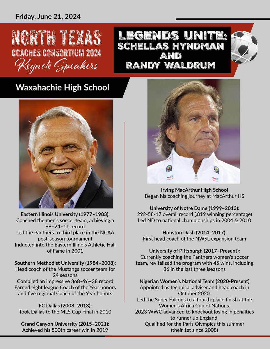 coach_venable's tweet photo. Here is the full agenda for the June 21 Coaches Consortium at Waxahachie High School. Sign up on this Google Form:

https://t.co/oBOpTASdzD

@tascosoccer  @uiltexas  @WaxSun  @hachiesports https://t.co/GsflcIet1o