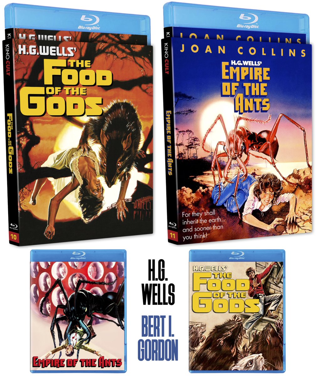 KLStudioClassic's tweet photo. Coming August 20th!
https://t.co/7VRna3POfn
https://t.co/gDnYogF7ck

THE FOOD OF THE GODS (1976) KINO CULT #10
• NEW Audio Commentary by Film Critics/Authors Lee Gambin and John Harrison, Author of WILDCAT!: The Films of Marjoe Gortner
• Audio Commentary by Writer/Producer/Director Bert I. Gordon
• Interview with Actress Belinda Balaski
• 3 Radio Spots and 2 TV Spots
• Theatrical Trailer
• Limited Edition Reversible Art and O-Card Slipcase
• Dual-Layered BD50 Disc
• Optional English Subtitles

EMPIRE OF THE ANTS (1977) KINO CULT #11
• NEW Audio Commentary by Film Historian David Del Valle and Filmmaker/Historian Michael Varrati
• Audio Commentary by Producer/Director Bert I. Gordon
• Radio Spot
• Theatrical Trailer
• Limited Edition Reversible Art and O-Card Slipcase
• Dual-Layered BD50 Disc
• Optional English Subtitles

THE FOOD OF THE GODS (1976) Color 88 Minutes 1.85:1 Rated PG
Get ready for a taste of HELL! B-movie maestro Bert I. Gordon (Village of the Giants, Empire of the Ants)—the godfather of the “gigantic creature” genre—delivers the biggest Midnight Movie of all with this spine-tingling tale of ecology gone berserk. Based on H.G. Wells’ classic tale of sci-fi terror, The Food of the Gods predicts a future where animals are suddenly at the top of the food chain…and eager to get their fill! On a remote island, a mysterious substance is oozing from the ground. A farmer sees that it acts as a growth hormone and thinks his fortune is made. But when rats, chickens, worms and wasps begin sampling the potent substance, they morph into bloodthirsty giants! Now, it’s up to the island’s few residents and visitors (including Marjoe Gortner, Pamela Franklin, Ralph Meeker, Jon Cypher and Ida Lupino) to destroy “the food of the gods”…before the animals take over for good!

EMPIRE OF THE ANTS (1977) Color 89 Minutes 1.85:1 Rated PG
It’s no PICNIC! From sci-fi mastermind H.G. Wells and B-movie bigwig Bert I. Gordon (Village of the Giants, The Food of the Gods)—brace yourself for mutant mayhem and pestilent payback in this cult classic creature feature about good bugs gone BAD! Starring queen of mean Joan Collins (The Stud), this incredible insect extravaganza is swarming with flesh-crawling chills, hair-raising thrills and spine-tingling terror...with a venge-ANTS! A heavenly paradise becomes a hellish nightmare when a toxic spill turns harmless ants into rampaging, radioactive reprobates! Stumbling into their creepy lair, a sleazy land developer (Collins) and her clients (including Robert Lansing and John David Carson) are horrified to realize that the ants are having a picnic...and humans are on the menu! Fleeing for their lives—only to be squashed underfoot—they soon discover that these bad-boy bugs are hell-bent on exterminating mankind, and building an evil empire where humans check in...but they can’t check out!