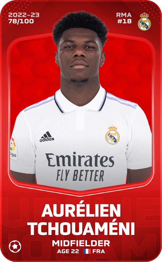 Mi última compra del día: Tchouameni por 102€🤑

Titular con el Madrid y candidato a ganar la Euro 💪

Ha estado lesionado pero ya está entrenando parcialmente con el grupo ✅

Opción top para alinear en la nueva competición de La Liga a partir de agosto 👌

#sorare