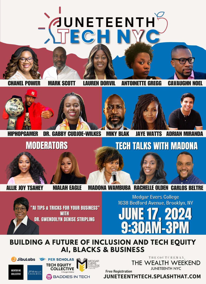 Hello all! Join us this Monday June 17th at Medger Evers for a free JuneteenthTech Summit - register for free here and checkout speakers and agenda here, juneteenthtech.splashthat.com