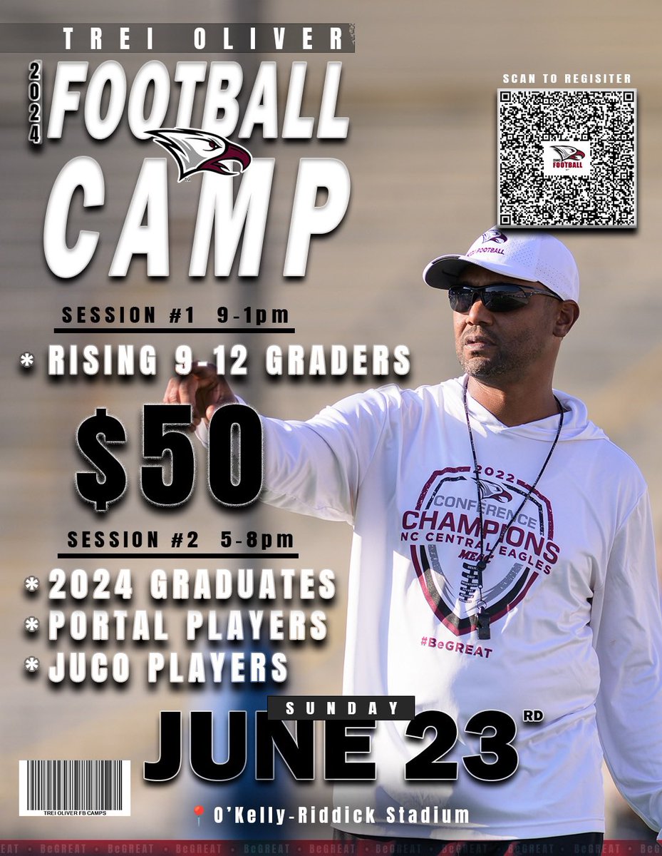 JUNE 23‼️

TREI OLIVER FOOTBALL CAMPS❗️

📍 O’KELLY-RIDDICK STADIUM

LINK TO REGISTER: surl.li/ujvym

#BeGREAT | 🏆🦅🏆