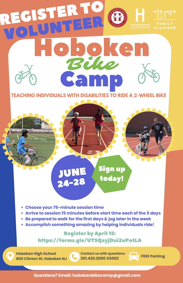 📢Calling all volunteers! You can still volunteer for Hoboken Bike Camp between June 24 - June 28. The program, organized by the Hoboken Family Alliance in partnership with the City and HPSD, teaches individuals with disabilities how to ride a bike. 
More: forms.gle/UTSQzyjDui2uPo…