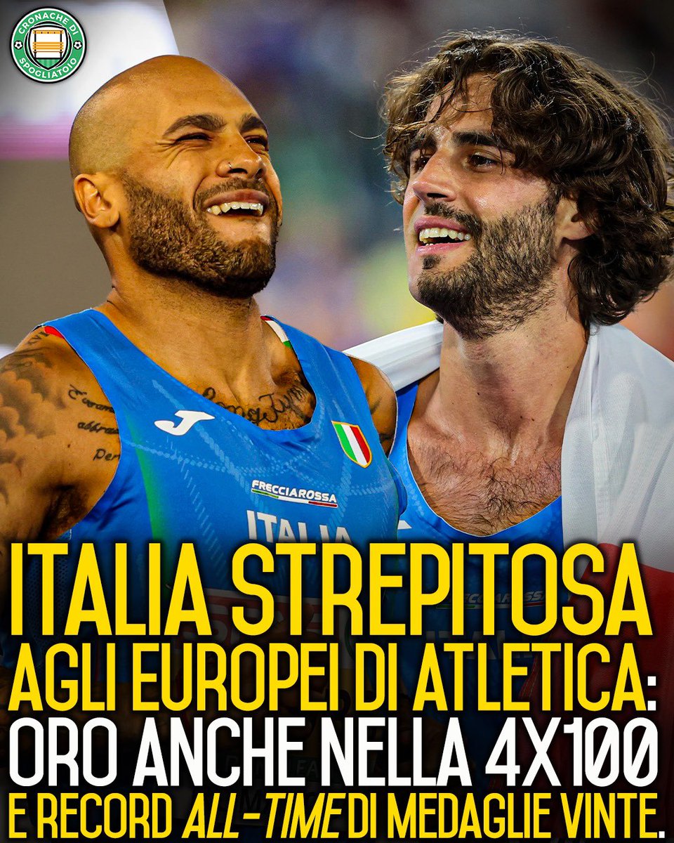 CronacheTweet's tweet photo. L'Italia chiude in bellezza gli #Europei di Atletica con una straordinaria vittoria nella staffetta 4X100 🤩
Stupenda la prova di #Melluzzo, #Jacobs, #Patta e #Tortu che hanno letteralmente fatto il vuoto portando a casa un'altra medaglia d'oro, l'undicesima del torneo. In totale, gli azzurri hanno vinto 24 medaglie: è record di sempre agli Europei 🥇
Meglio di così davvero non si poteva 👏