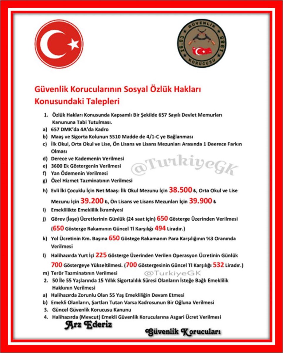 ozanozturk_tr's tweet photo. #GüvenlikKorucu'larımızın  2024 yılında yapılmasını istediği talepleri.. 

1. Maaşlarının en düşük memur maaşı yapılması. 

2. Korucu kanunu çıkarılması, kapsamlı sosyal güvenceye alınmaları. 

3. Emekli edilen #GüvenlikKorucuları'na  tazminat hakkı verilmesini istiyorlar. https://t.co/reGr3OOYbF