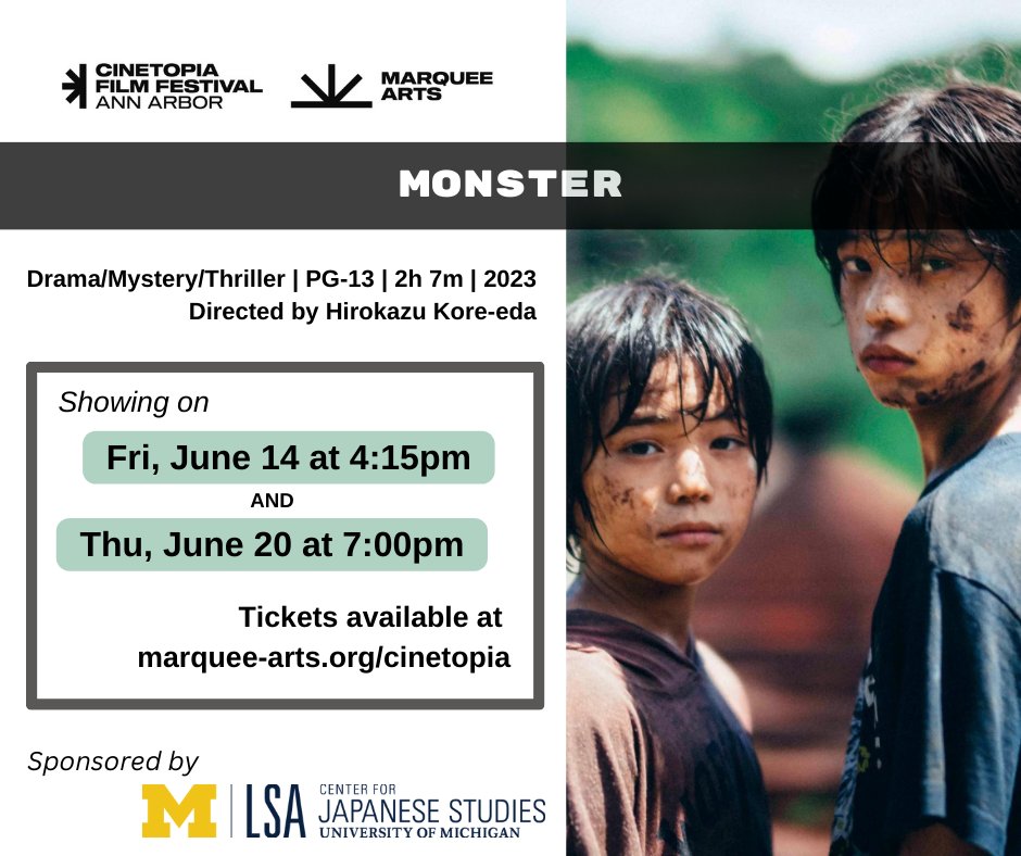 UMCJS's tweet image. #Cinetopia2024 starts today and our first sponsored screening is TOMORROW at 4:15pm! Get your tickets for Monster and The Cats of Gokogu Shrine at marquee-arts.org/cinetopia 🎟️🍿